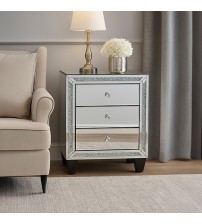 Aurora Bedside Table Silver Colour MDF Mirror Crystal Beads 3 Drawers Round Handles